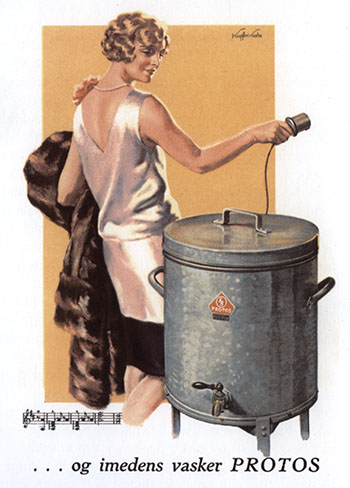 Den elektriske vaskemaskine blev opfundet omkring år 1900 og kom på markedet i Danmark i 1920’erne. Elektrificeringen af hjælpemidlerne i hjemmet betød, at husmoren slap for det hårde arbejde med tøjvask og dermed fik mere tid til sig selv. Det er dette, reklamen fra midten af 1920’erne gør opmærksom på.